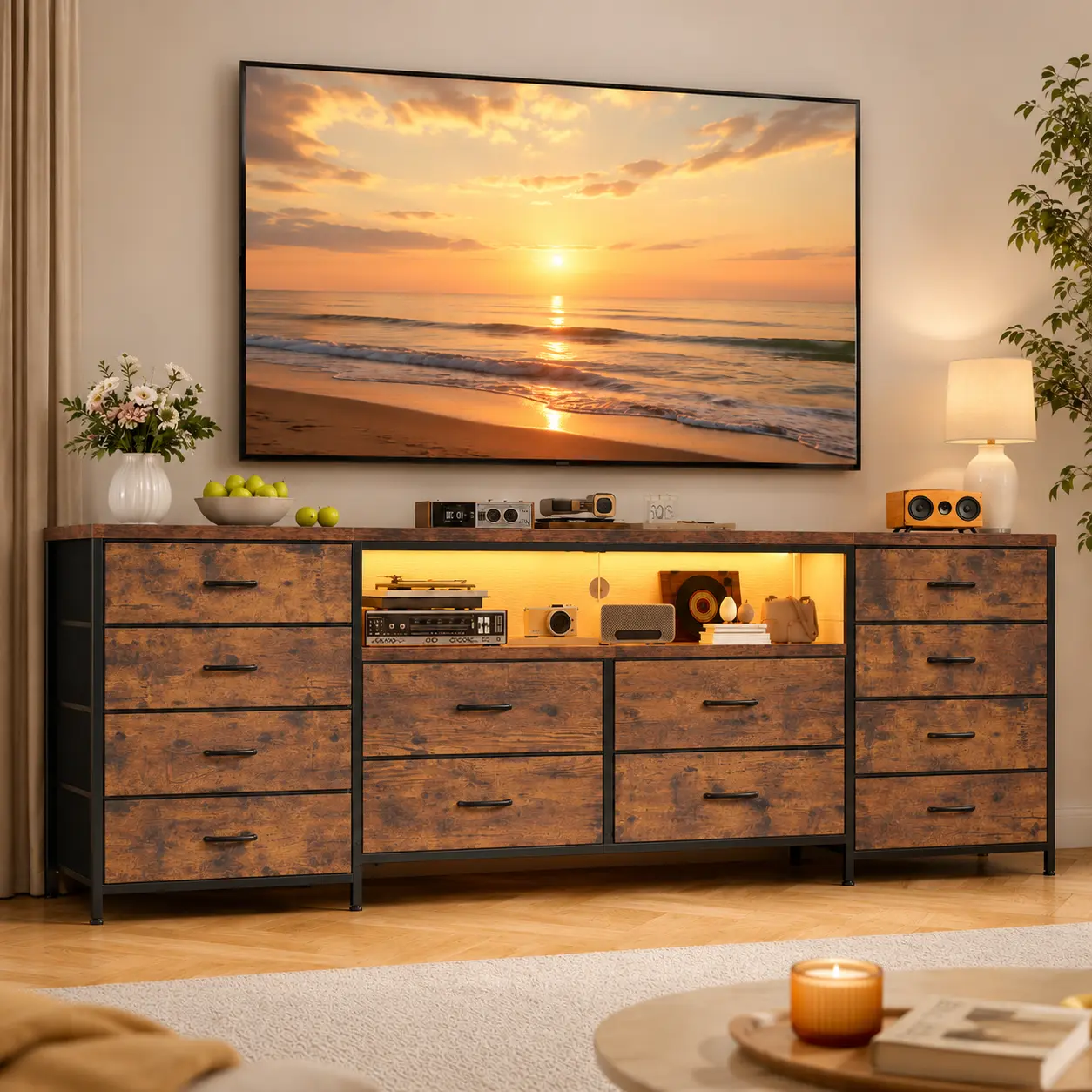 TV cabinet and chest of drawers suitable for 75-inch TVs, compatible with 65/70/75-inch televisions; 63-inch wide bedroom TV stand equipped with ambient light strips, power sockets and 12 drawers, long fabric bedroom storage chest and audio-visual cabinet