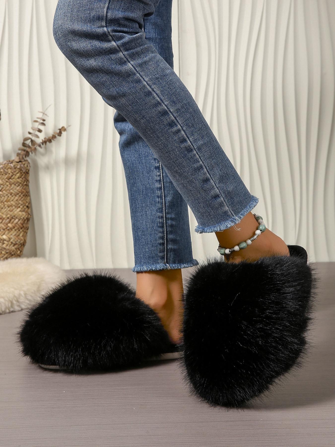 Women's Solid Color Fluffy Plush Slippers, Casual Soft Comfortable Home Slippers, Warm Slippers for Indoor & Outdoor Use for Fall & Winter