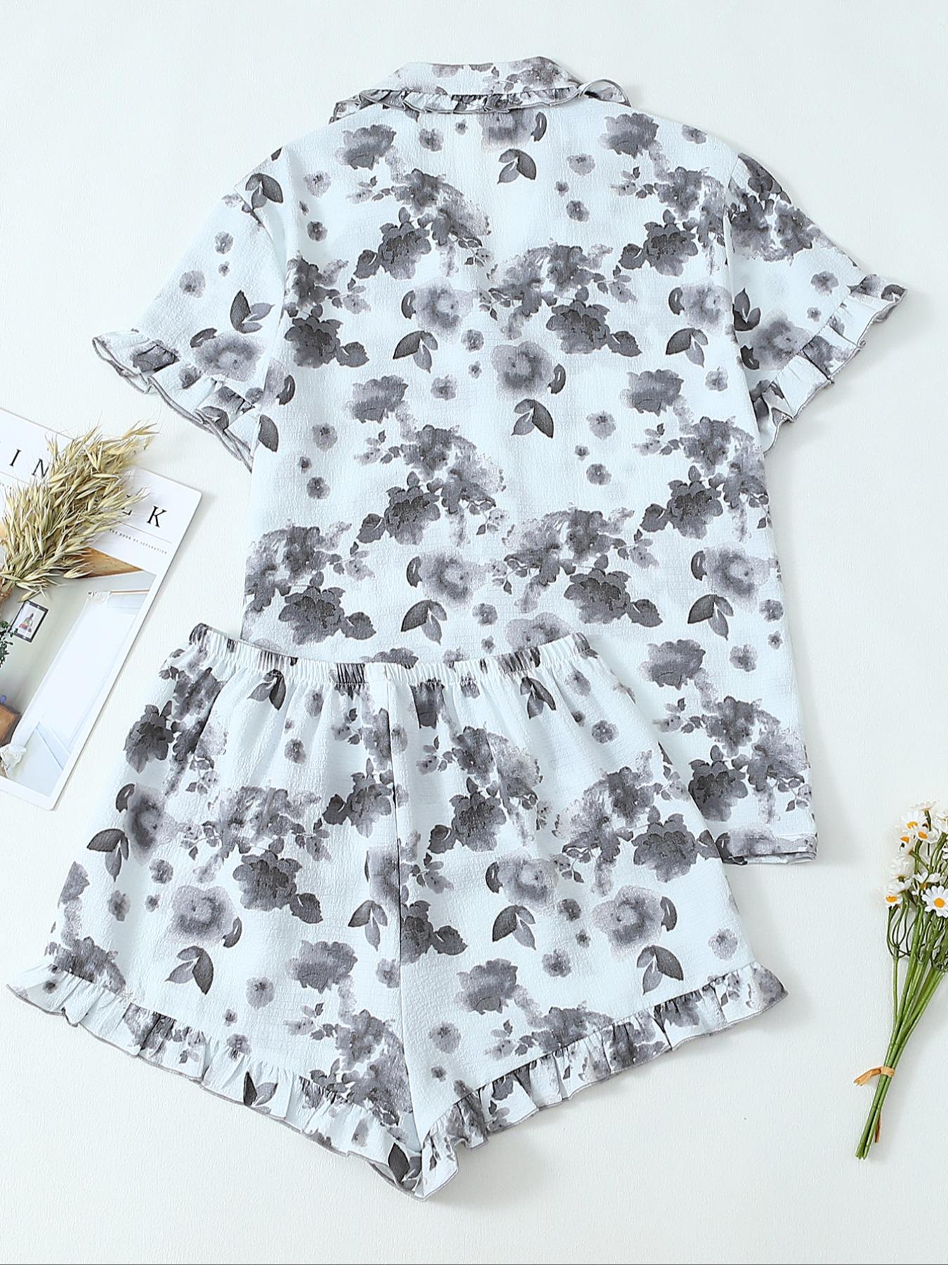 Women's Floral Print Pocket Shirt & Shorts Pyjama Two-piece Set, Casual Comfy Short Sleeve Collared Top & Shorts PJ Set, Ladies Summer Sleepwear Pajamas