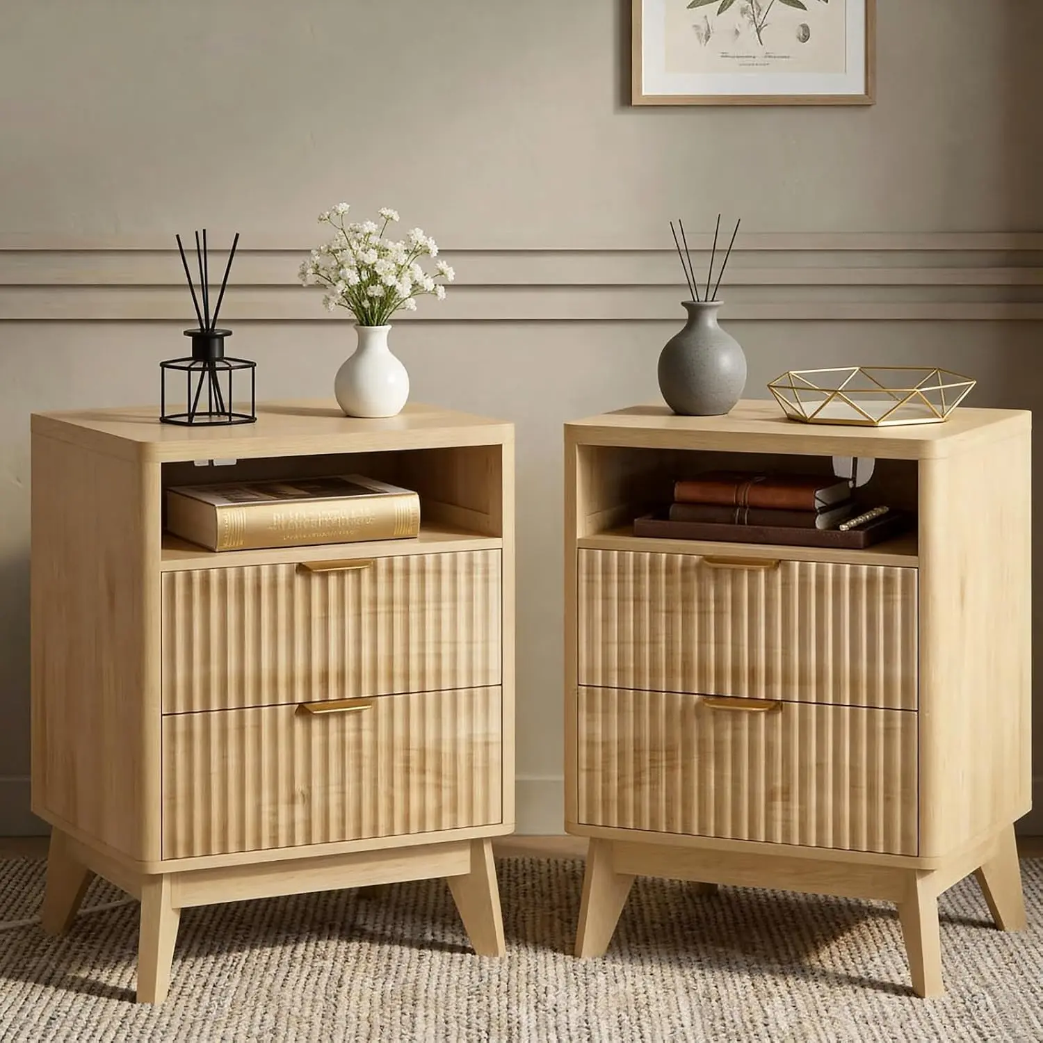 2Pack Nightstand with Charging Station, Fluted Bedside Table, 18 Inch Wood End Table with 2 Drawers and Open Cubby, 2 USB Ports and AC Outlets, Modern 6 Inch Legs, Natural Oak