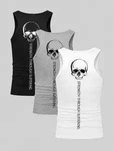Men's Vest Set, 3-Piece, Comfortable Fit, Unique Print, Ideal for Daily Wear or Home Use, Suitable for All Seasons