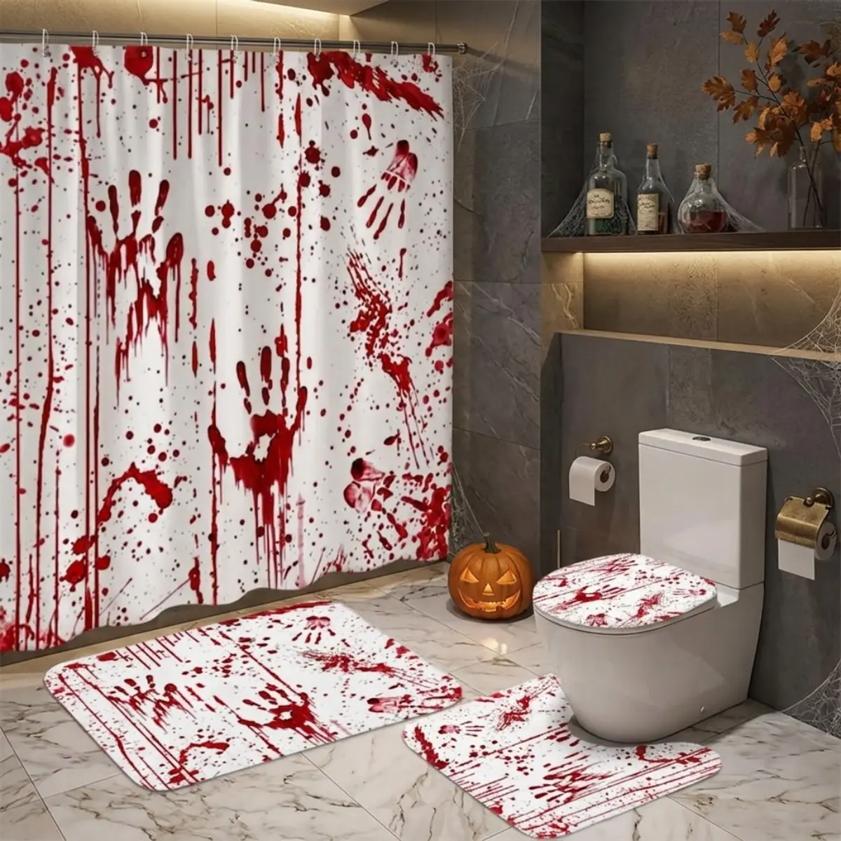 4pcs Halloween Horror Bathroom Shower Curtain Set with Red Blood Splatter Print, Matching Bath Mat + Toilet Mat, Modern White Wood Bathroom Decor (4-Piece)