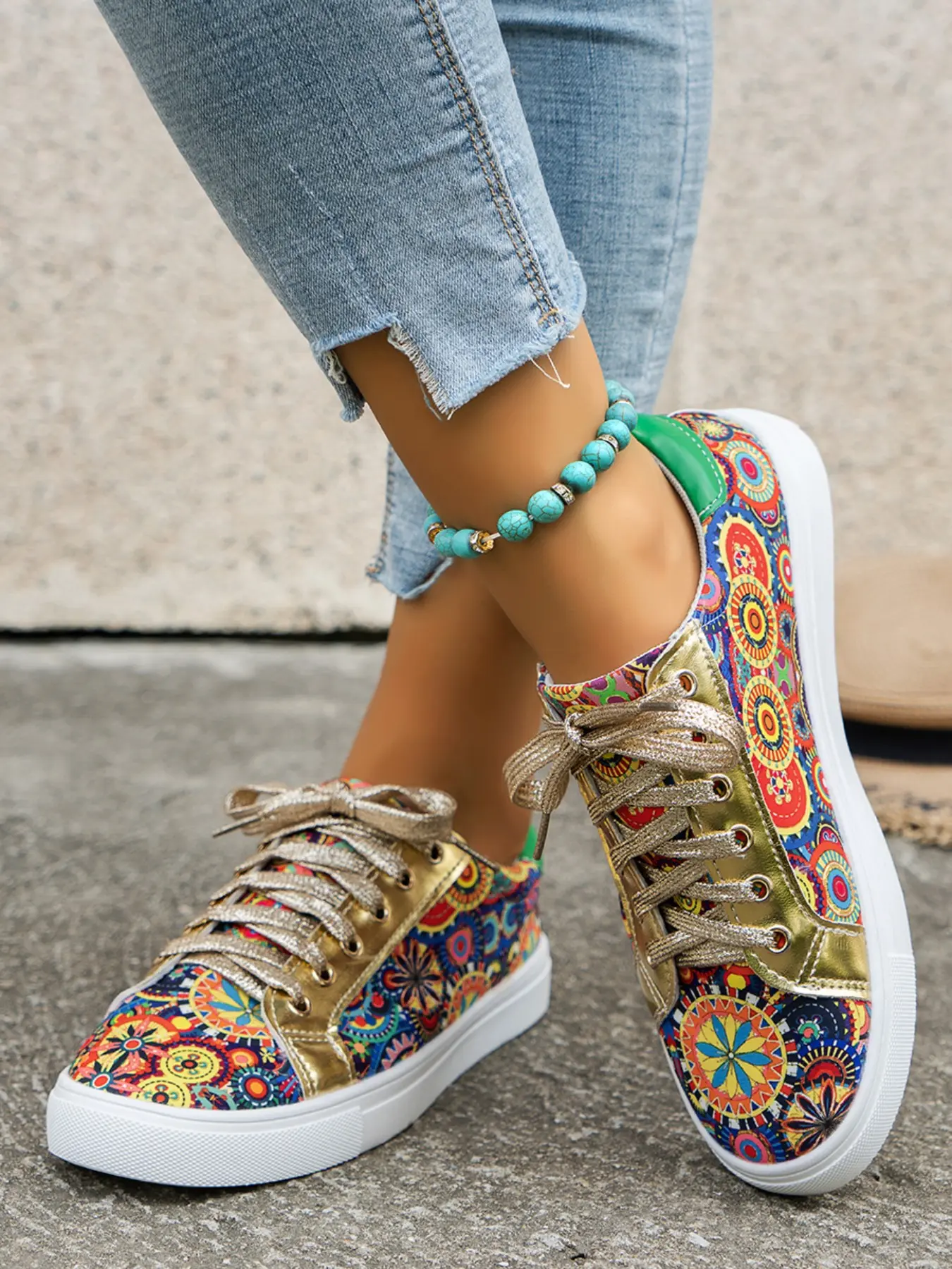 Women's Bohemian Ethnic Print Lace-Up Canvas Shoes, Patch Design Low Top, Fashionable Flat Sneakers, Street Style Casual Shoes, Artistic Streetwear Shoes