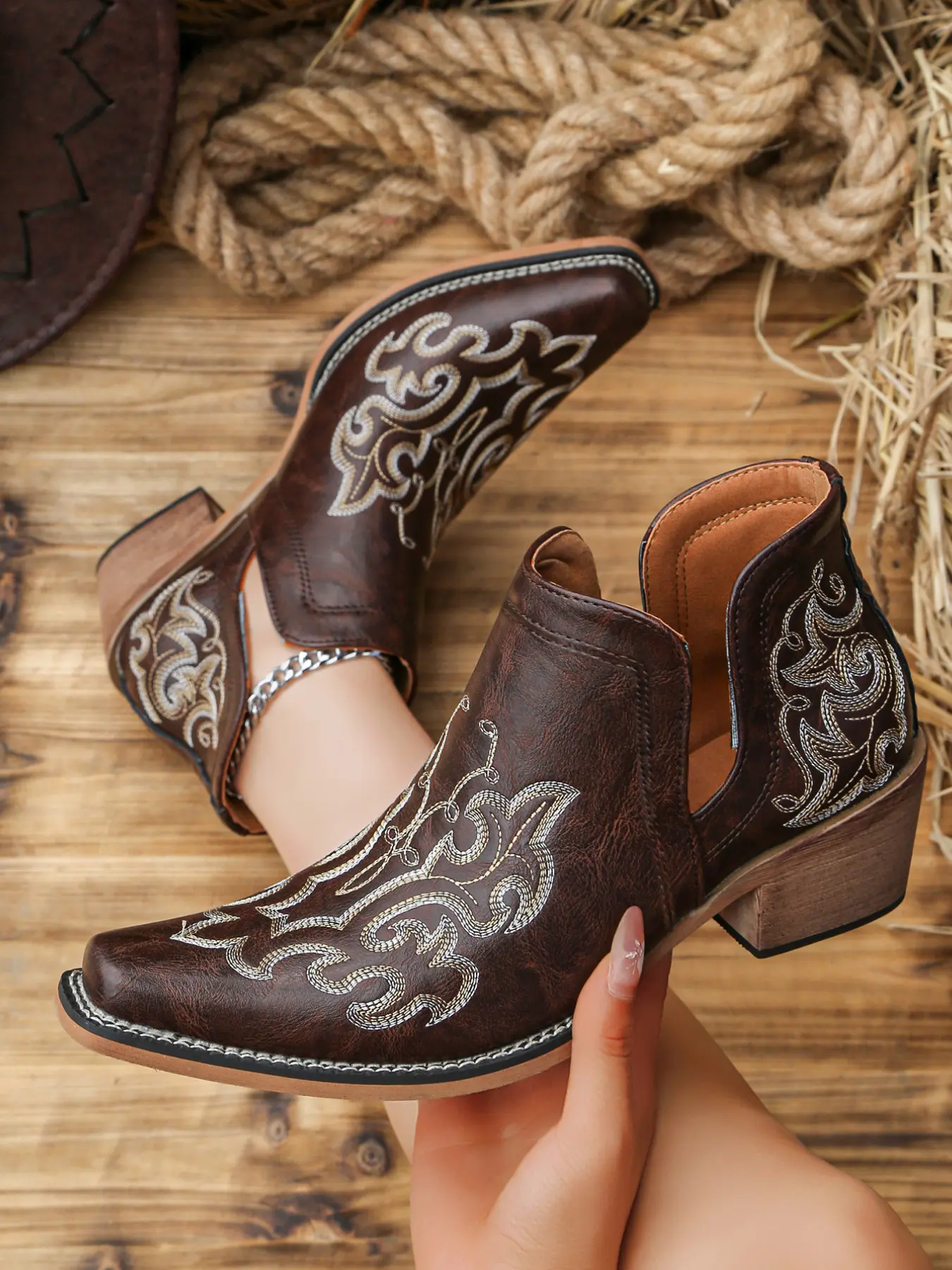 Women's Short Western Cowboy Ankle Booties, 17 Colors Available, Vintage Scroll & Floral Laser Embroidery, Distressed PU Upper, V‑Cut Side Opening Slip‑On Block Heel Booties for Daily, Music Festival & Vacation