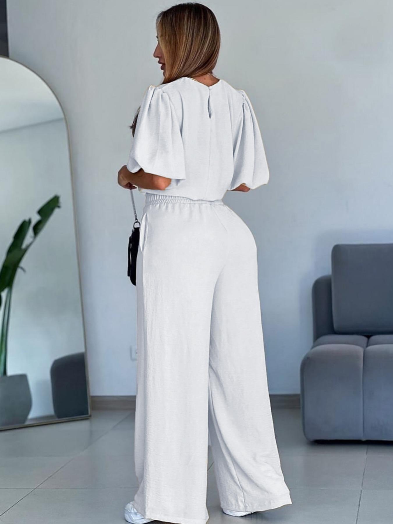 French Style Loungewear Set, Loose-Fit Short Top & High-Waist Flowy Pants, Fashionable Casual Office Two-Piece Outfit