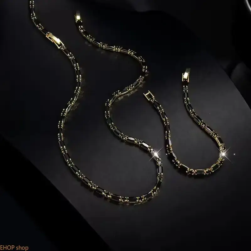 Elegant 2pcs Black Men's & Women's Fashion Tennis Necklace & Bracelet Set Shiny 18k Gold Rectangle Round Zircon Inlay Unisex for Valentine's Day Anniversary Jewelry Set