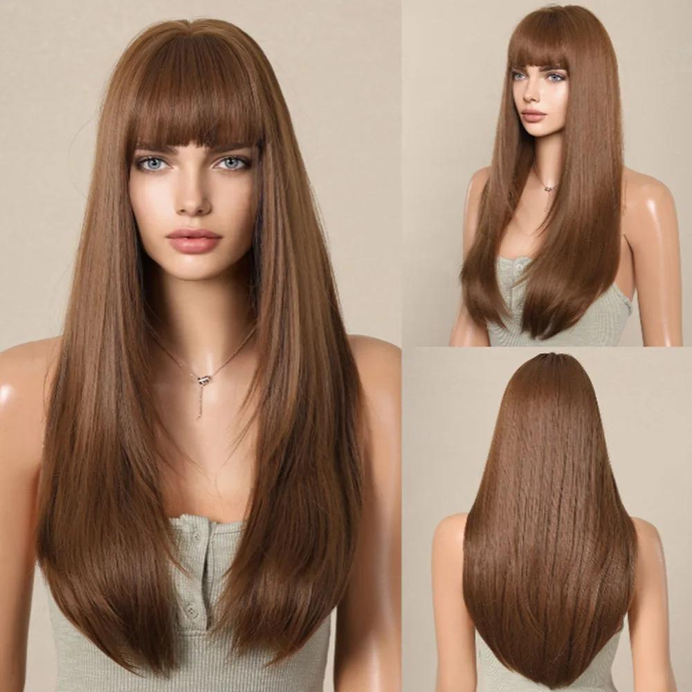 Latest Gray Ombre Straight Hair Wig with Front Fringe High Temperature Synthetic Fiber Easy to Put On Glueless Ventilated European and American Fashion Hair Topper