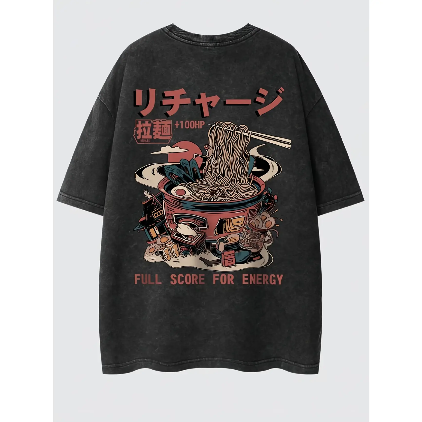 Vintage Washed Black Japanese Ramen Noodle Dual Side Graphic Oversized T-Shirt, Retro Anime Harajuku Streetwear Casual Outfit Comfort Fashion Tee, Perfect Valentine's Day Gift For Asian Food Lovers Men Women Teens, Ideal Holiday Present For Japanese Cultu