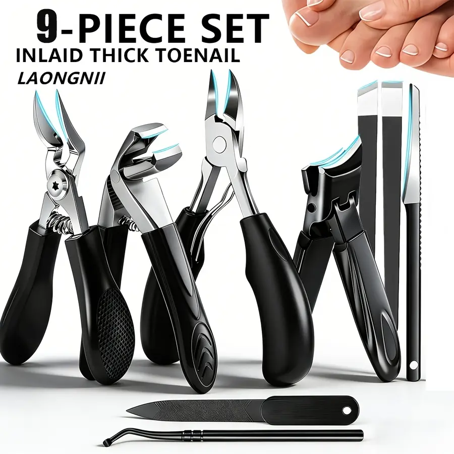 9pcs Heavy-Duty Toenail Clipper Set for Seniors - Designed for Thick, Hard Nails And Ingrown Toenails - Black Non-Slip Handle, Unisex, Practical Gift for Nail Clippers