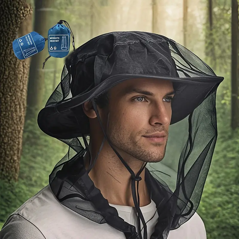 Unisex Wide-Brim Detachable Head Net Hat with Insect Shield & Storage Pouch, Outdoor Anti-Mosquito Veil for Campers & Adults, Summer Fishing Football Supporter Sport Face Cover (In Stock)