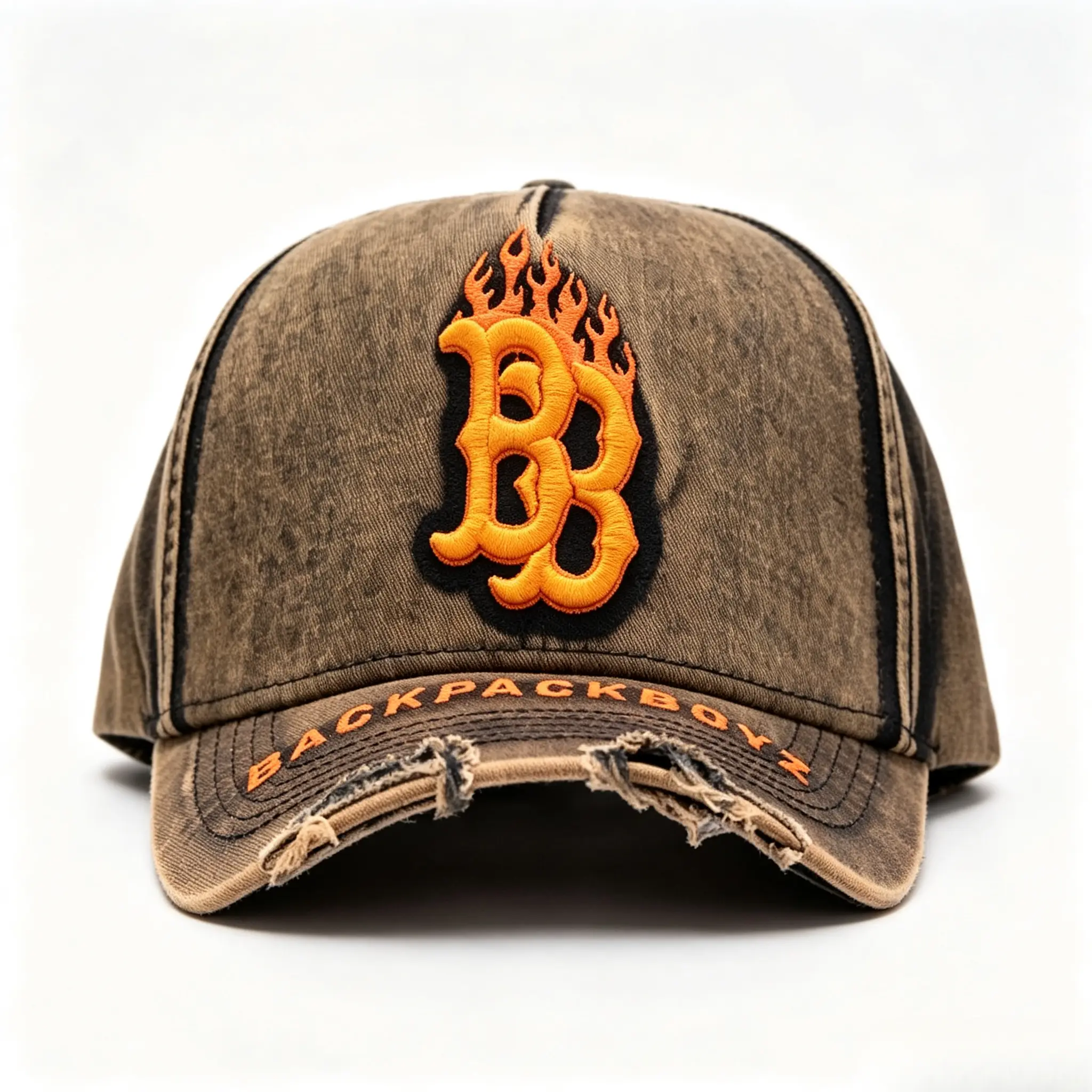 Flame BB 3D Embroidery Baseball Cap Washed Distressed Denim Brim "Backpackboyz" Letter Stitch Ripped Brim Adjustable Snapback Vintage West Coast Punk Y2K Streetwear Unisex Casual Sun Protection Hat