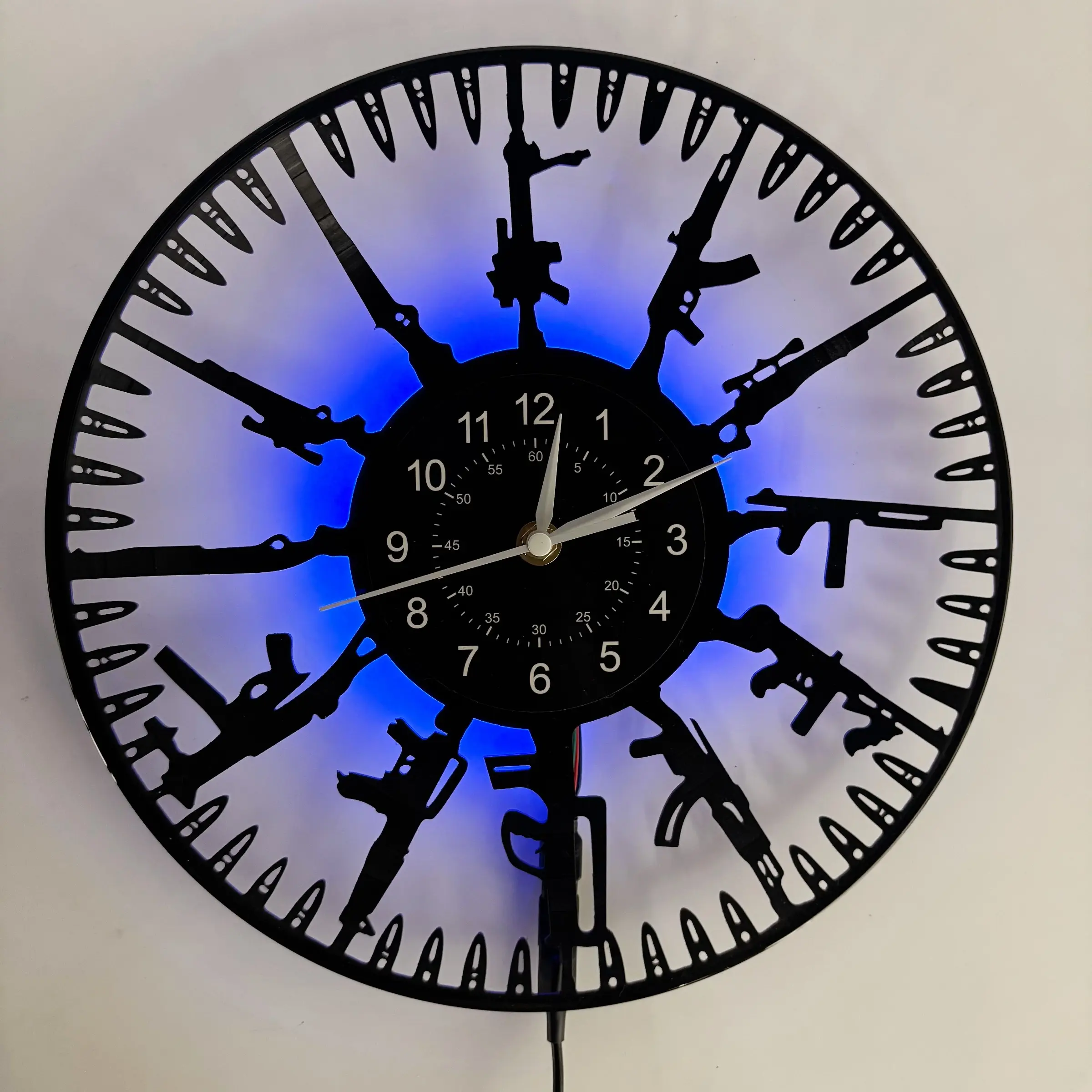 Retro Gun Shaped Vinyl Wall Clock, Round, Creative LED Backlit Design, Led Wall Clocks, Perfect Gift for Father's Day, Valentine's Day, Christmas, Halloween