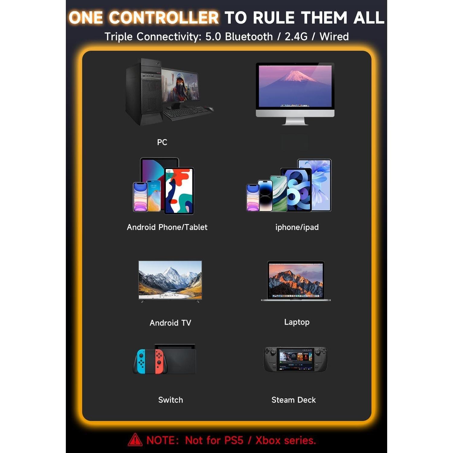 PC Controller -- Interactive Screen  Controller Compatible with PC// 2/iOS/Android, Hall Effect Joystick & Triggers, RGB Lighting, Adjustable Vibration/Turbo, 1000mAh (Black)