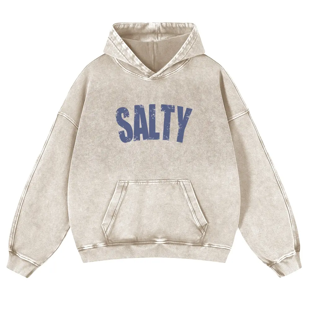 Men's 380g Thick Cotton Long-Sleeve Oversized Hoodie - Salty Distressed Bold Text Front Print, Simple Retro Slogan Graphic, Vintage Washed, Casual Menswear Tops Sweatshirt