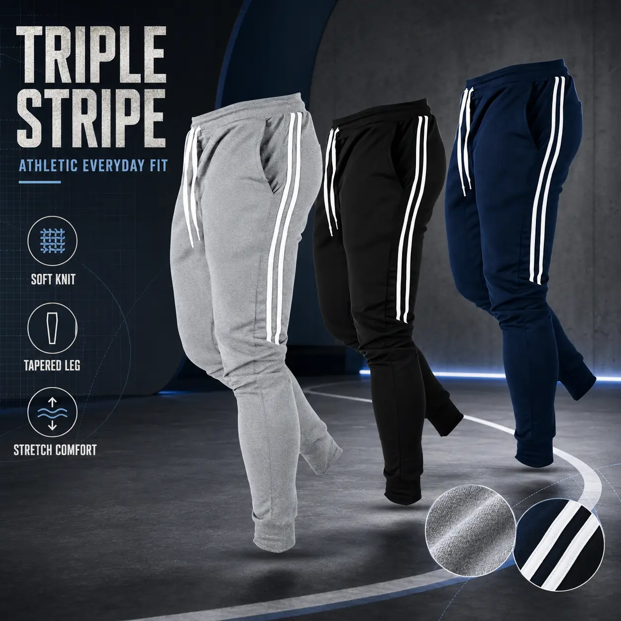 Men Side Double White Stripes Jogger Pants Elastic Drawstring Waist Casual Sports Tapered Sweatpants