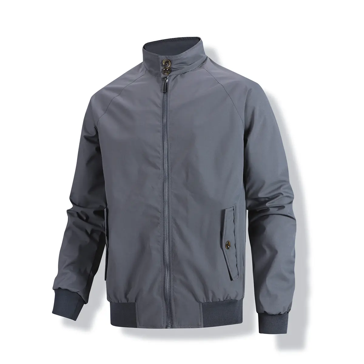 Men's Stand‑Collar Harrington Jacket, Full Zip Up Short Bomber Coat, Button‑Decorated Collar, Button Side Pockets, Ribbed Cuffs And Hem, Raglan Sleeve Casual Outerwear For Business Commute Daily Travel Outdoor Street Outfits
