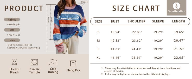 Saodimallsu Womens Color Block Sweater Striped Chunky Knit Cropped Sweaters Crewneck Fall Long Sleeve Loose Pullover Tops