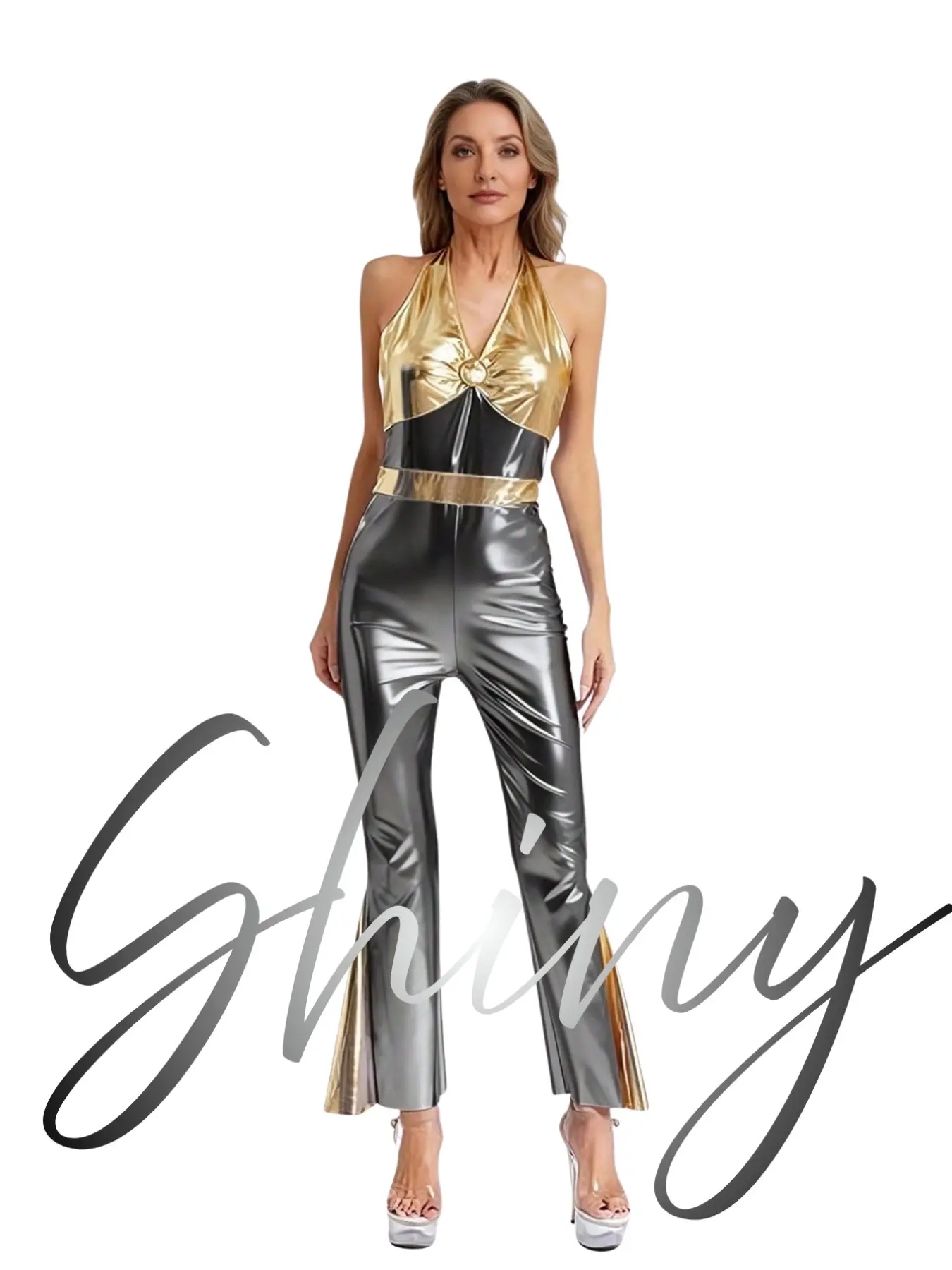 Women's Metal Halter Jumpsuit, Gold Silver Color Block, Flared Leg, Disco Style, 70s Retro Party, Halloween Cosplay, Shiny Jumpsuit
