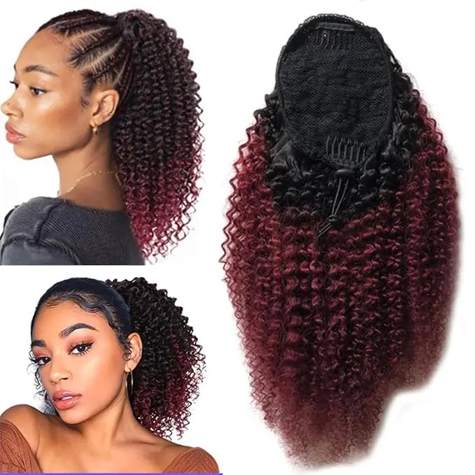 Afro Curly Drawstring Ponytail Binf Remy Human Hair, Clip In Quick Weave Curly Hair Extensions Ponytail 8-26 Inches, Color T1B/99J