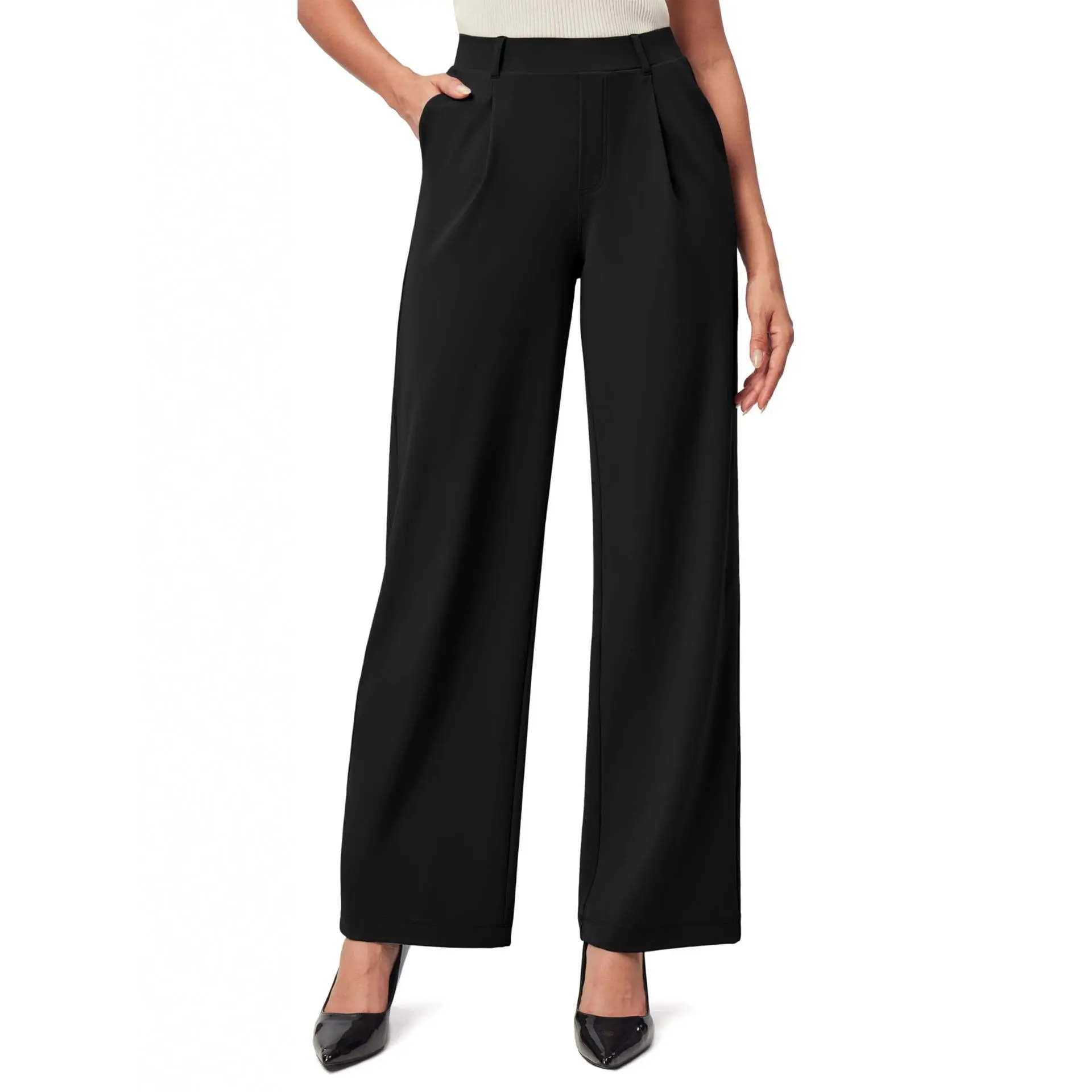 Women's Wide Leg Stretch Fabric Dress Pants - Pull-On, All Season, Business Casual Work Slacks with Pockets, Minimalist Womenswear Bottoms, Basic, Lady