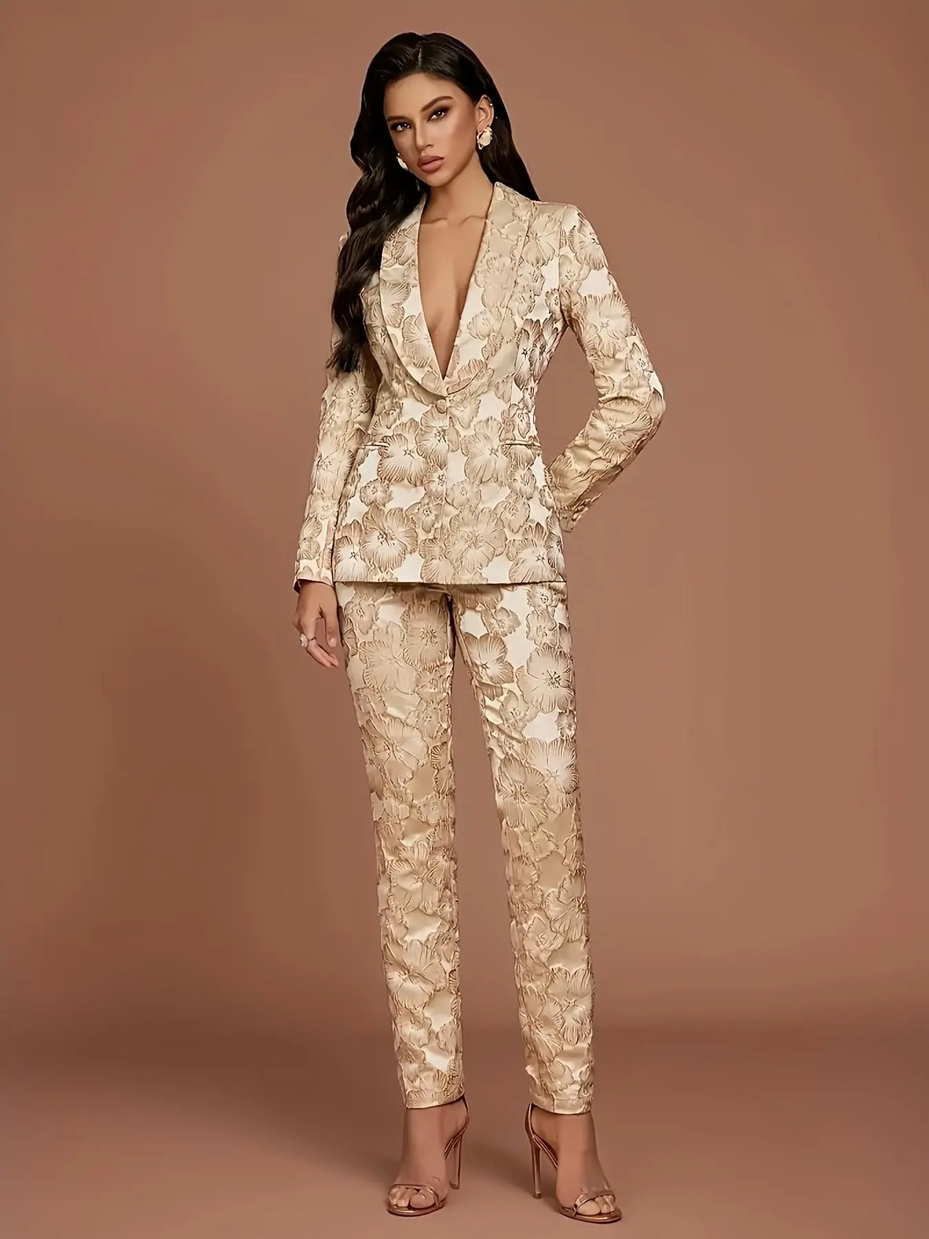Elegant Champagne Color Vintage Floral Print Two-Piece Set, Single Button Notch Lapel Satin Blazer, Slim Fit Pants, Wedding Evening Office Wear