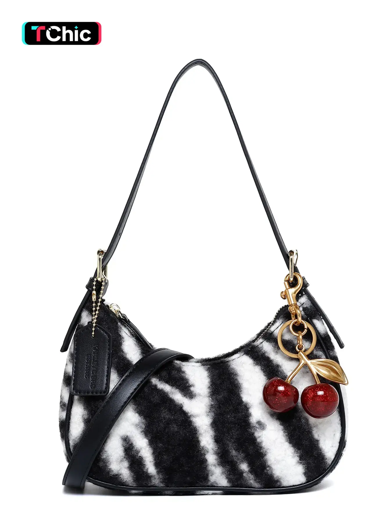 Fall Winter New Zebra Print Plush Crossbody Bag, Cherry Charm Women's Shoulder Bag, Fashionable Casual Commute Bag, Daily Commuter Bag, Y2K Style, Fluffy Crossbody Bag