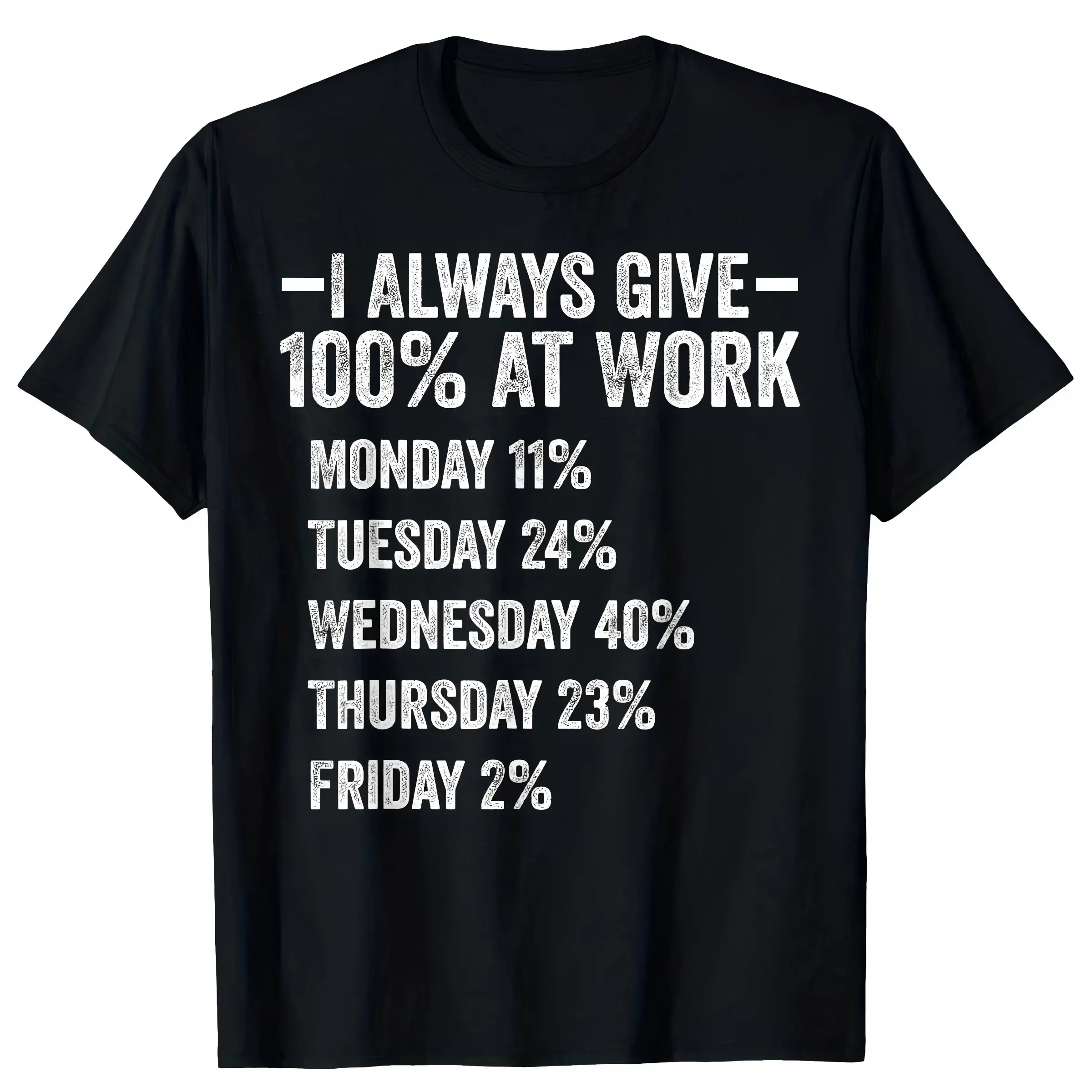 "I Always Give 100% At Work" Funny Weekly Percentage Work Humor T-Shirt for Men & Women - Office Worker Sarcastic Graphic, Soft Breathable Cotton Crew Neck Short Sleeve, All-Season Summer Spring Casual Tee, Great Coworker Gag Gift, Machine Washable
