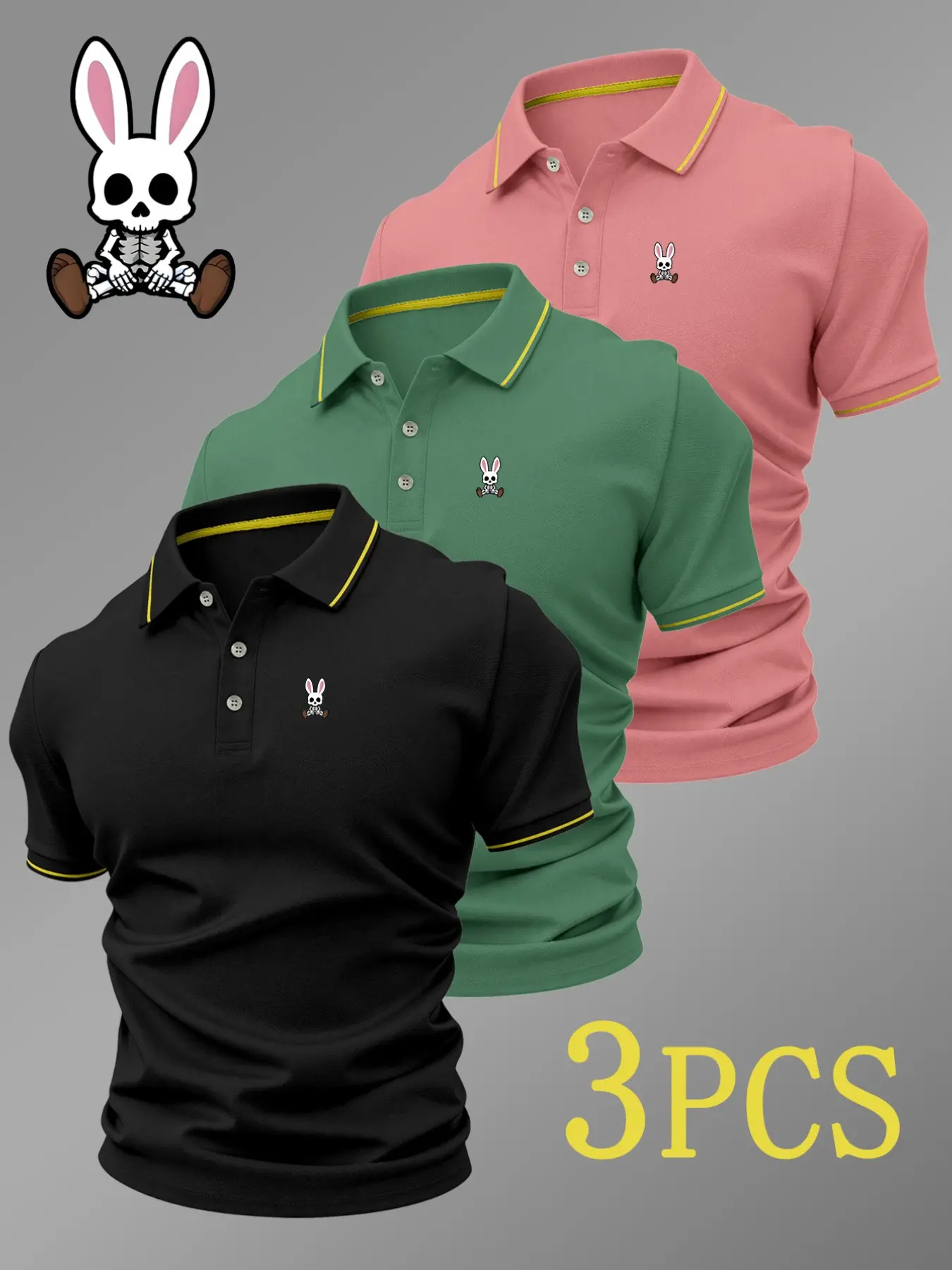 Men's Luxury Golf Polo Shirts, Skull Rabbit Print, Fitted Collared Shirt, Elastic Casual Breathable, All-Season Comfortable High-End Polo