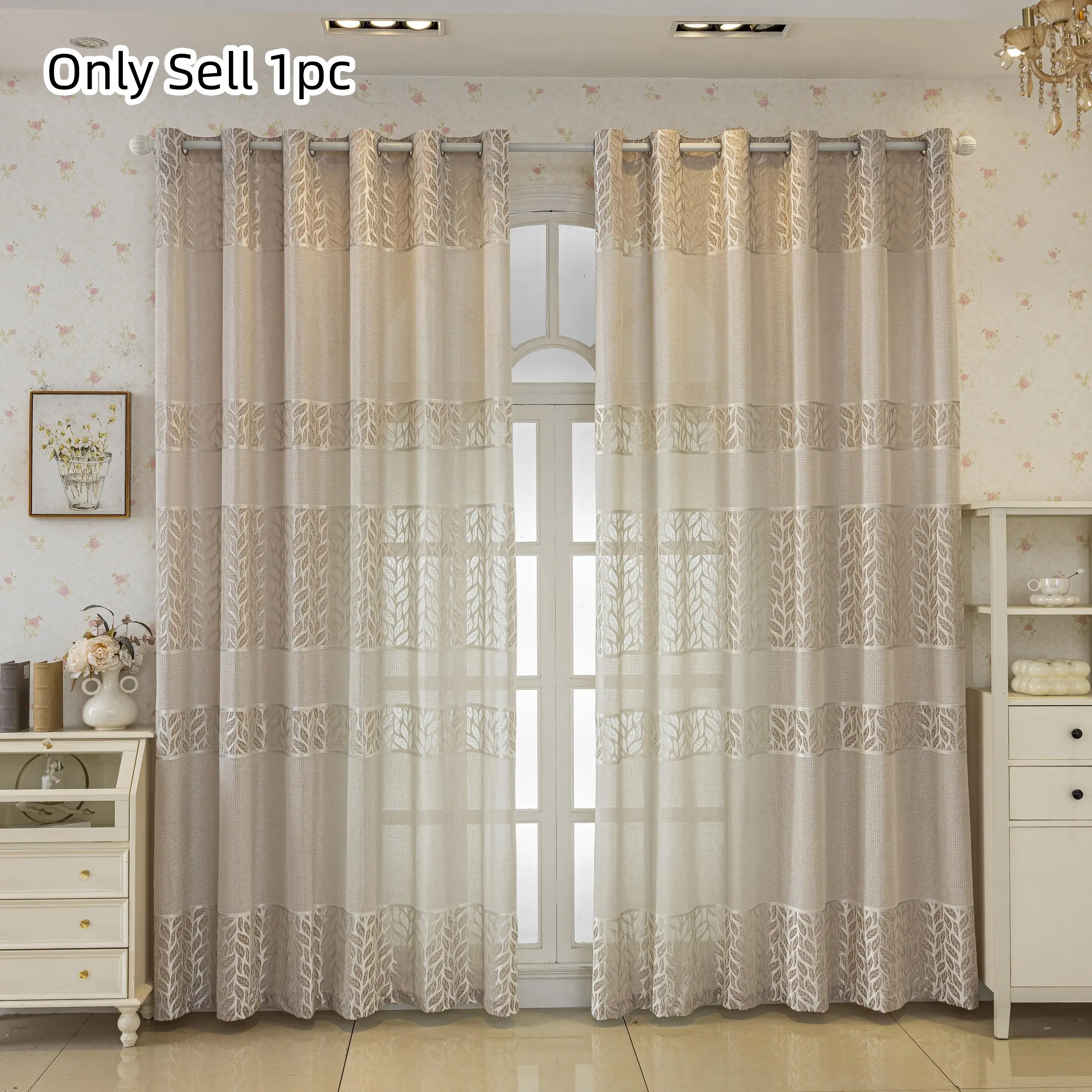 1pc Luxury Lace Sheer Curtain, Soft Light Embroidered Leaf Window Drapes, Living Room Bedroom Atmosphere Decorative Curtains, Home Decorative Curtain