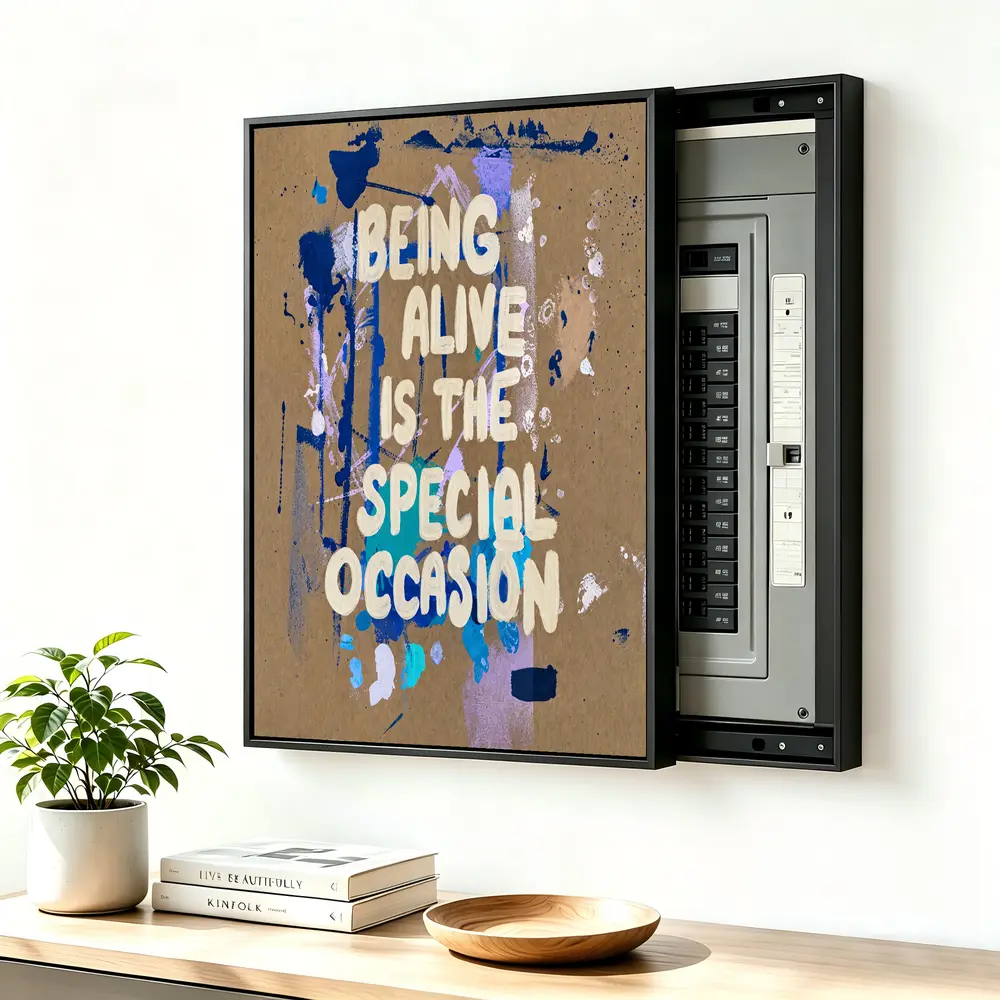 Modern Vertical Textured Abstract Oil Painting Breaker Box Cover - Cobalt Blue, Golden Ochre, Muted Neutral Beige Tones, Aluminum Alloy Frame, High-Quality Canvas, Removable Wall Art Decor for Living Room, Home Office, Artwork, Modern Home Decor