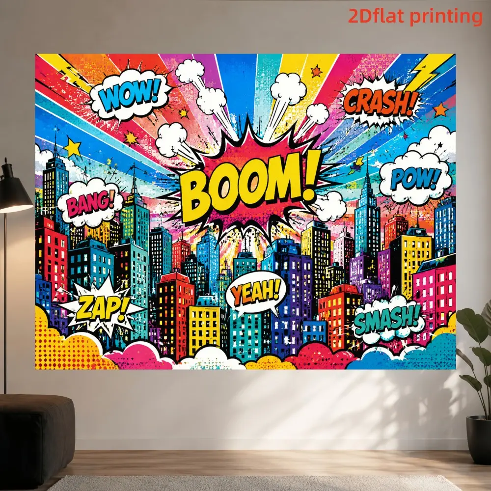 1PC 2D Flat Superhero Pop Comic City Theme Backdrop, Colorful Explosion Speech Bubble City Building Birthday Party Photo Background, for Bedroom, Art Wall, Home Decor, Party, Polyester, Indoor and Outdoor