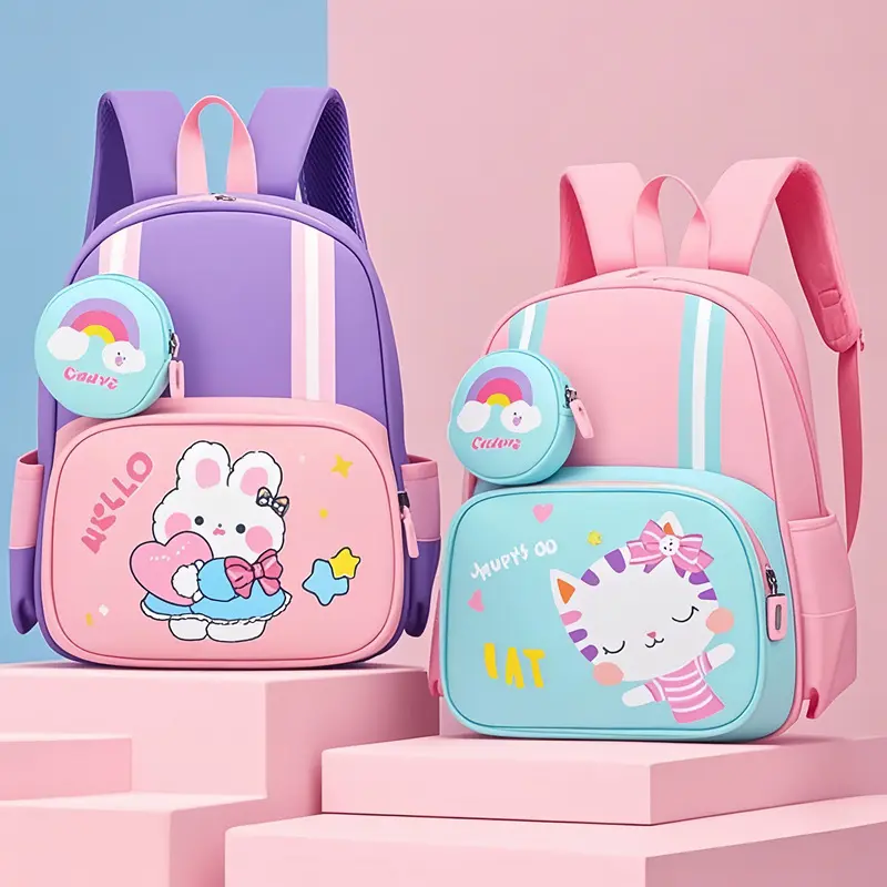 Kawaii Cartoon Look Toddler Backpack & Zip Pencil Case Set, Wear-Resistant Back to School Haul for 3-6 Year Old Girls, Kindergarten Office School Supplies, Kawaii Backpack, Compact