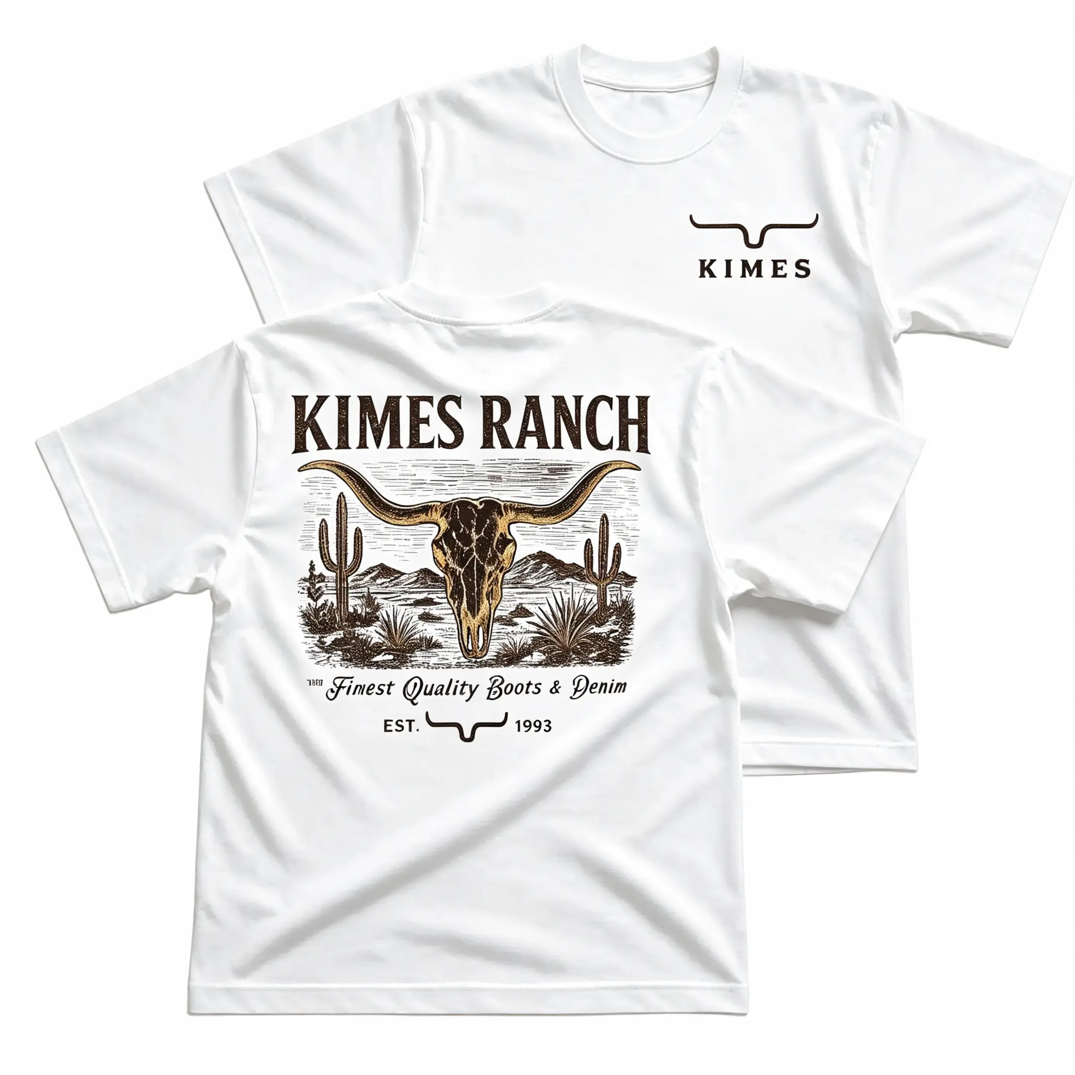 Kimes Ranch Longhorn Skull T-Shirt, Western Ranch Graphic Tee, Desert Cactus Cow Skull Boots And Denim Back Print, Front Chest Logo And Large Back Print Tee, Black Cowboy Country Outfit Gift For Men And Women