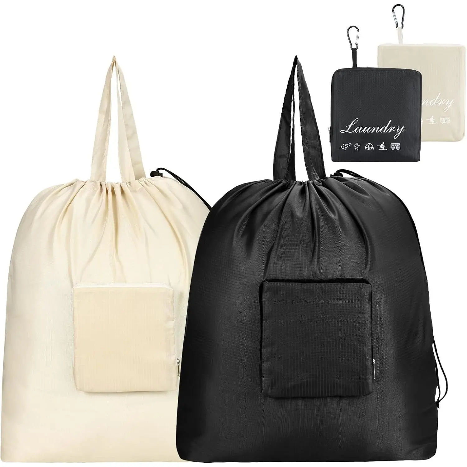 Travel Laundry Bags with Drawstring Closure XL Large with Handle | Foldable Dirty Clothes bags Heavy Duty and Washable for College Dorm Travelling Camping, 2 Pack, Black & Beige