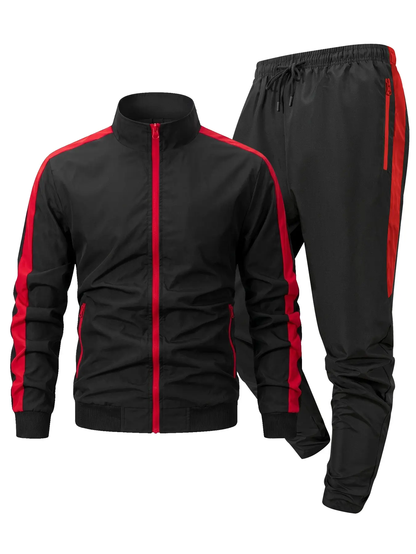 Men's 2 Piece Tracksuit Set, Stand Collar Full Zip Track Jacket with Red Side Stripes, Quick Dry Jogger Pants with Zipper Pockets Elastic Drawstring Waist, Lightweight Athletic Workout Running Sweatsuit, Matching Workout Set