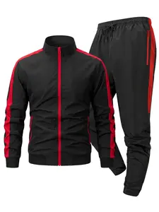 Men's 2 Piece Tracksuit Set, Stand Collar Full Zip Track Jacket with Red Side Stripes, Quick Dry Jogger Pants with Zipper Pockets Elastic Drawstring Waist, Lightweight Athletic Workout Running Sweatsuit, Matching Workout Set