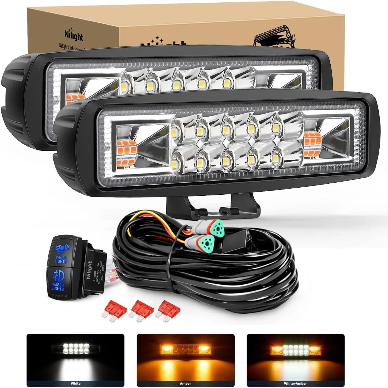 Nilight LED Pod Lights, 2PCS 6in 60W Amber White 3 Lighting Modes Fog Lights with Spot Flood Beam, Dual Control 18AWG Plug-in Harness for Truck, UTV, SUV, Truck Pickup