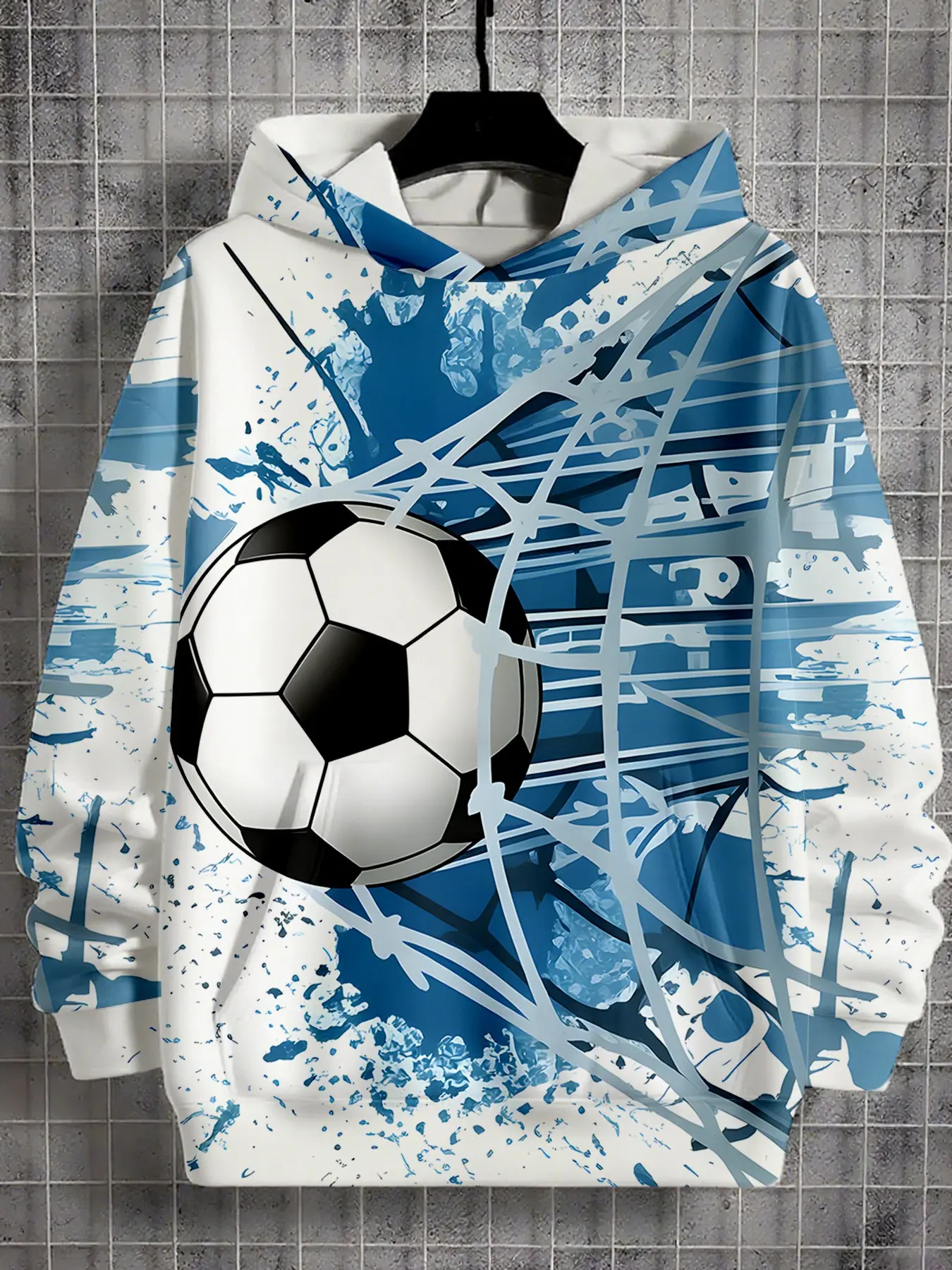 Children's Hooded Sweatshirt "Blue and White Splashed InkFootball Style" with Blue Splashed Ink Net and Three-dimensional Football Print Pullover Hoodie, smooth, breathable, and non-stuffy, suitable for match outfits, outdoor sports, and daily casual wear