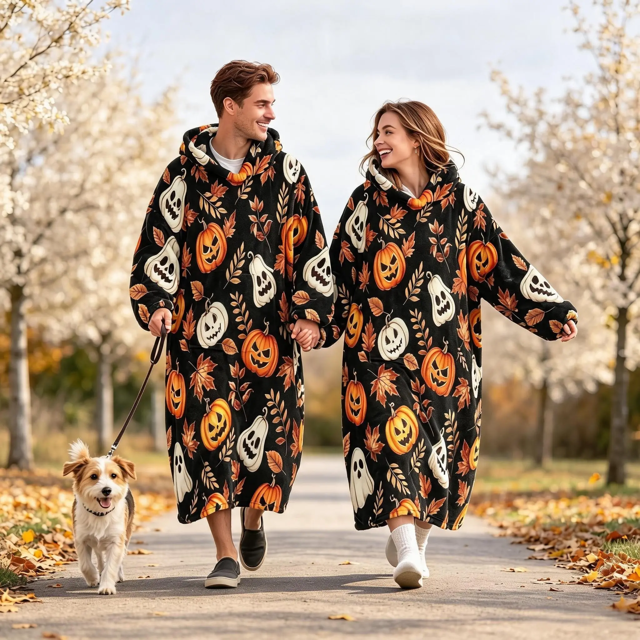 Halloween Print Wearable Blanket, Long Sleeve Hooded Sleep Robe, Large Pockets, Cozy Fall Gift, Party Essential, Perfect for Friends & Partners