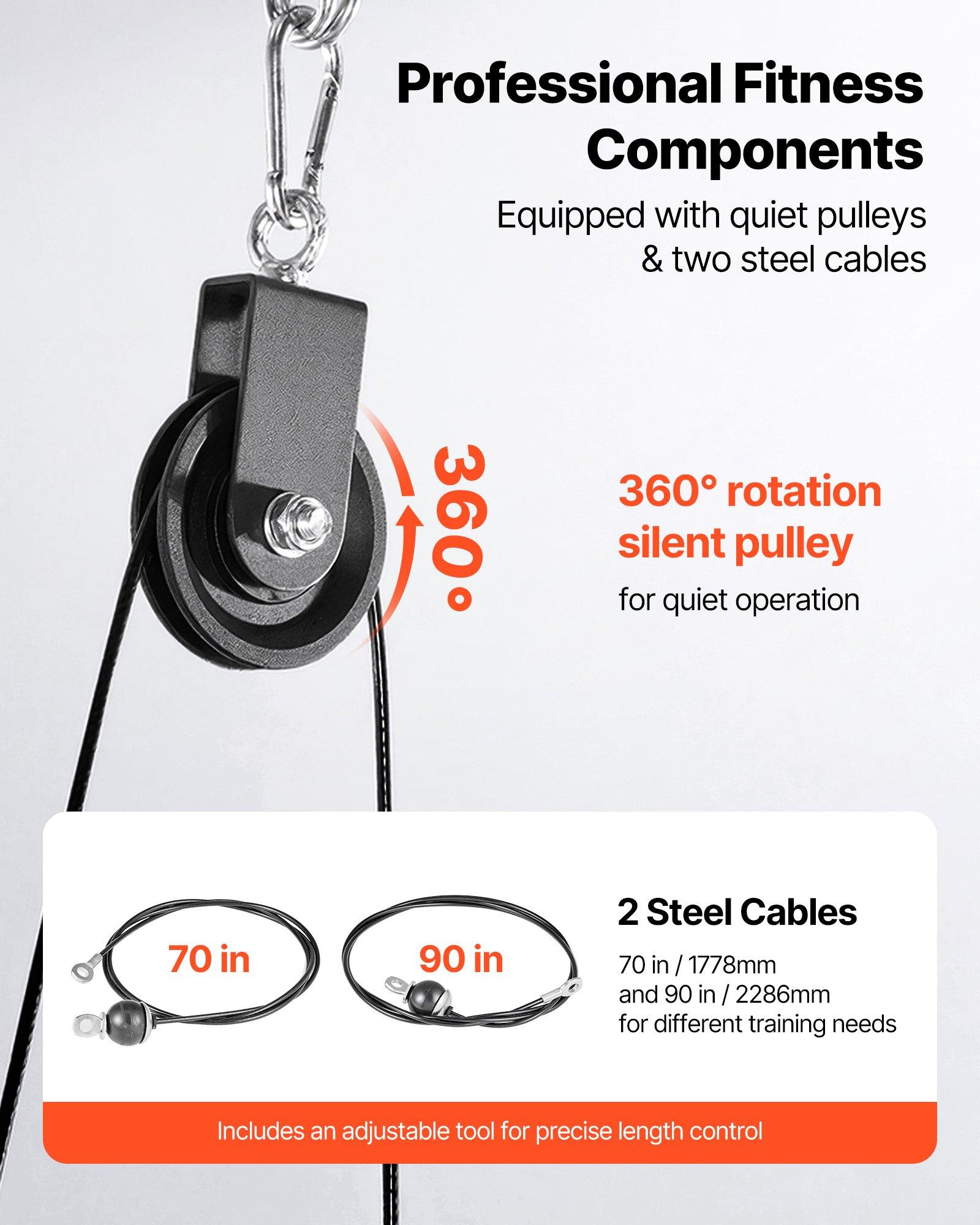 VEVOR Pulley System, 2 PCS LAT and Lift Pulley System, Gym Rack Pulleys Attachment with two Steel Cables, Short Bar, Dual Grip Handles, Cable Machine for Bicep, Shoulder, Back, Up to 330 lbs Capacity