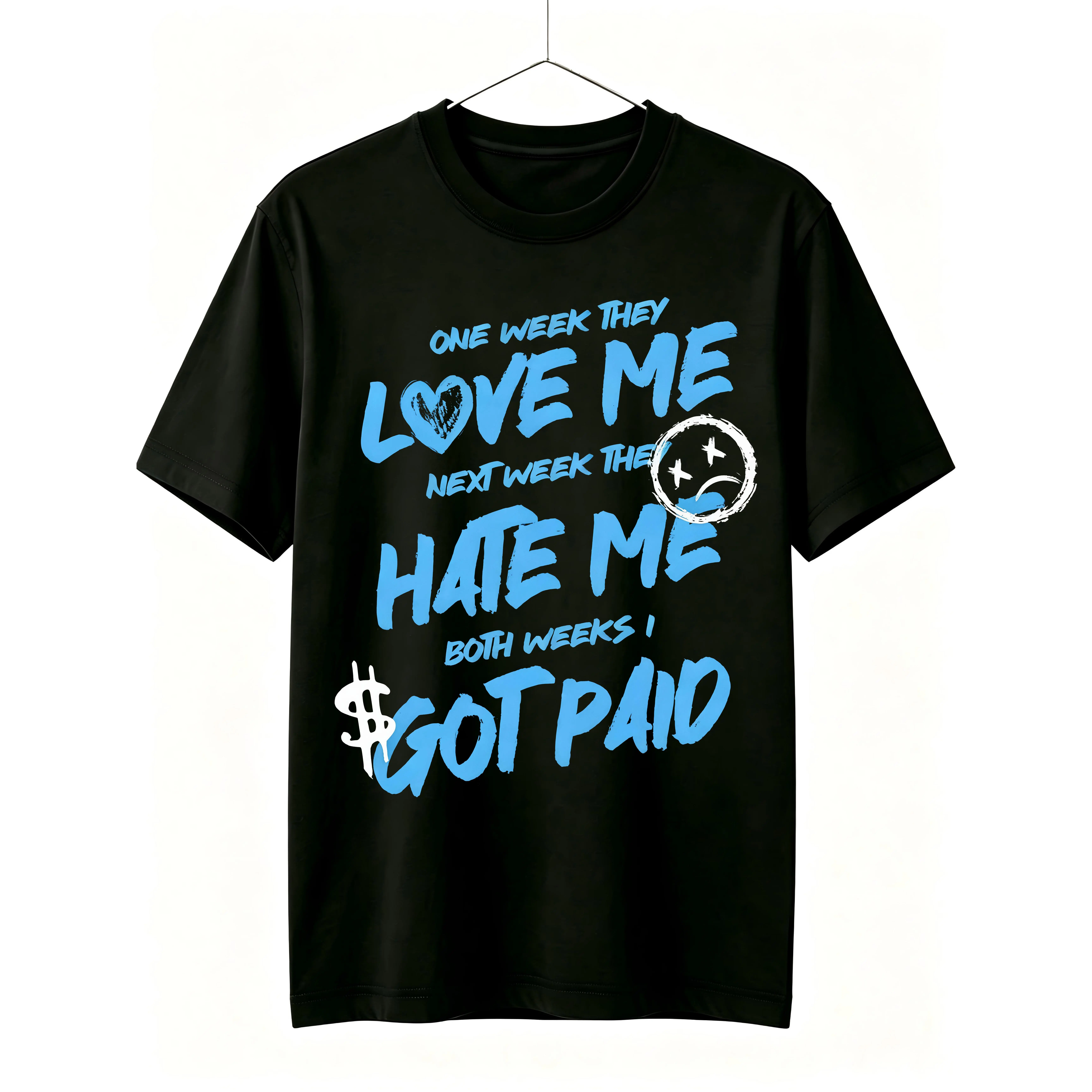 Unisex Breathable Cotton T-Shirt - Loose Cut, Round Neck, Moisture-Wick, Printed Front Text Graphic, Matches Jordan 14 Black & University Blue Sneakers, Streetwear Style for Casual Summer Wear