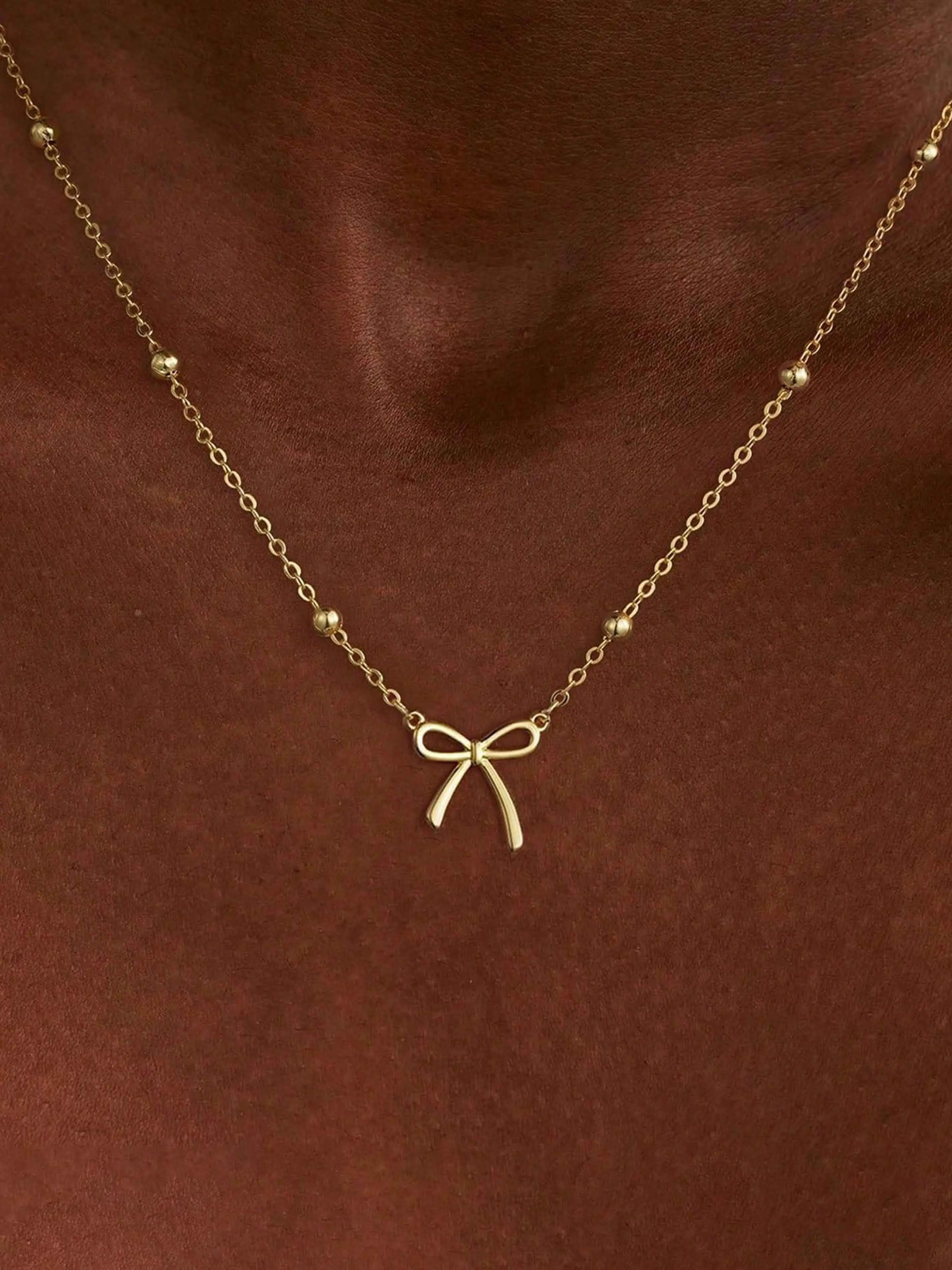 1 Pc Stainless Steel Jewelry Gold Bow Bowknot Pendant Bead Chain Set Simple Cute Fashion Girl Versatile High-End Necklace Stylish Minimalist Bow Pendant Necklace Beaded Necklaces