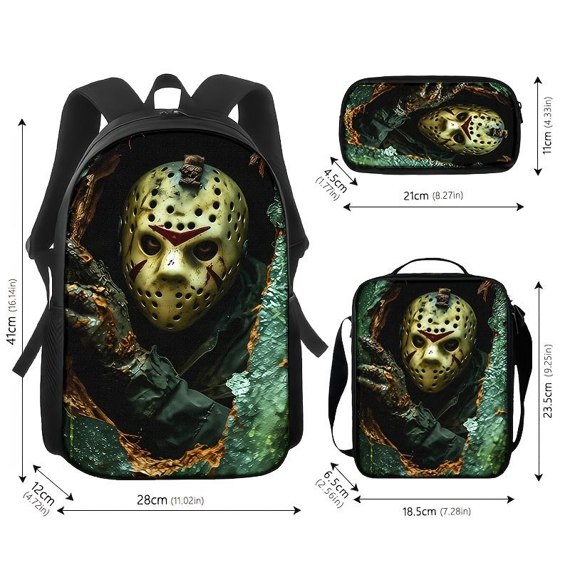 Durable Water Resistant 3-Piece Backpack Set for Kids, Lightweight School Bag with Lunch Box, Vintage Rotten Hockey Mask Slasher Horror Crack Bark Dark Movie Realistic Print 600D Oxford School Kit with Large Backpack, Insulated Lunch Tote & Stationery Pou