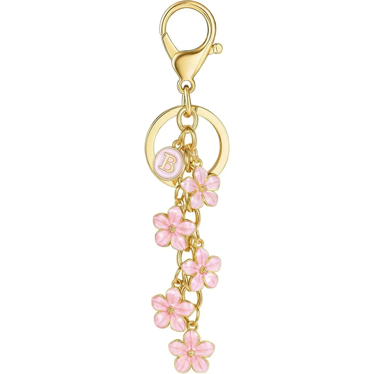 White Pink Black Cute Initial Letter Keychain for Women, Flower Bag Charms Enamel Keyring for Handbag Backpack