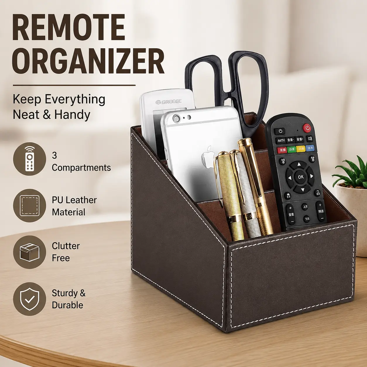 3-Compartment PU Leather TV Remote Control Organizer Caddy, Brown Clutter-Free Home Organizer for Remotes, Mobile Phones & Media Accessories – Bedside Tabletop/Desk Storage Box