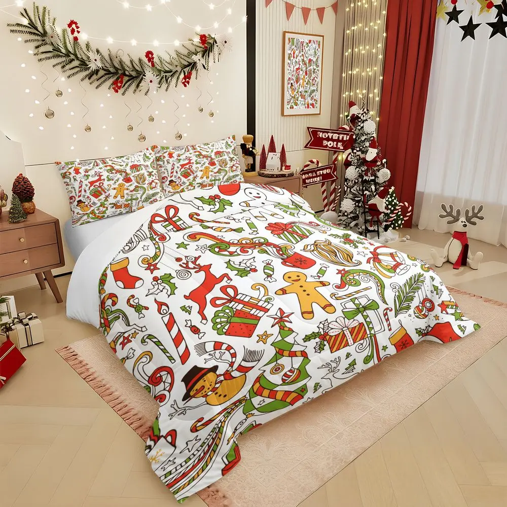2/3Pcs Christmas Bedding Set Festive Holiday Comforter Set with Pillowcase Soft Lightweight Quilt Cover for Kids Bedroom Xmas Decoration Reversible Bedspread Gift Ideas, No Pillow Core