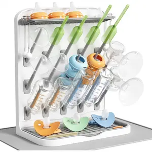 Large Baby Bottle Drying Rack with Drain Mat & 15 Hooks, Newborn Essentials Must Haves, Countertop Holder Organizer for Baby Stuff, Rack Dryer for Pacifiers, Weighted Straws, Pump Parts