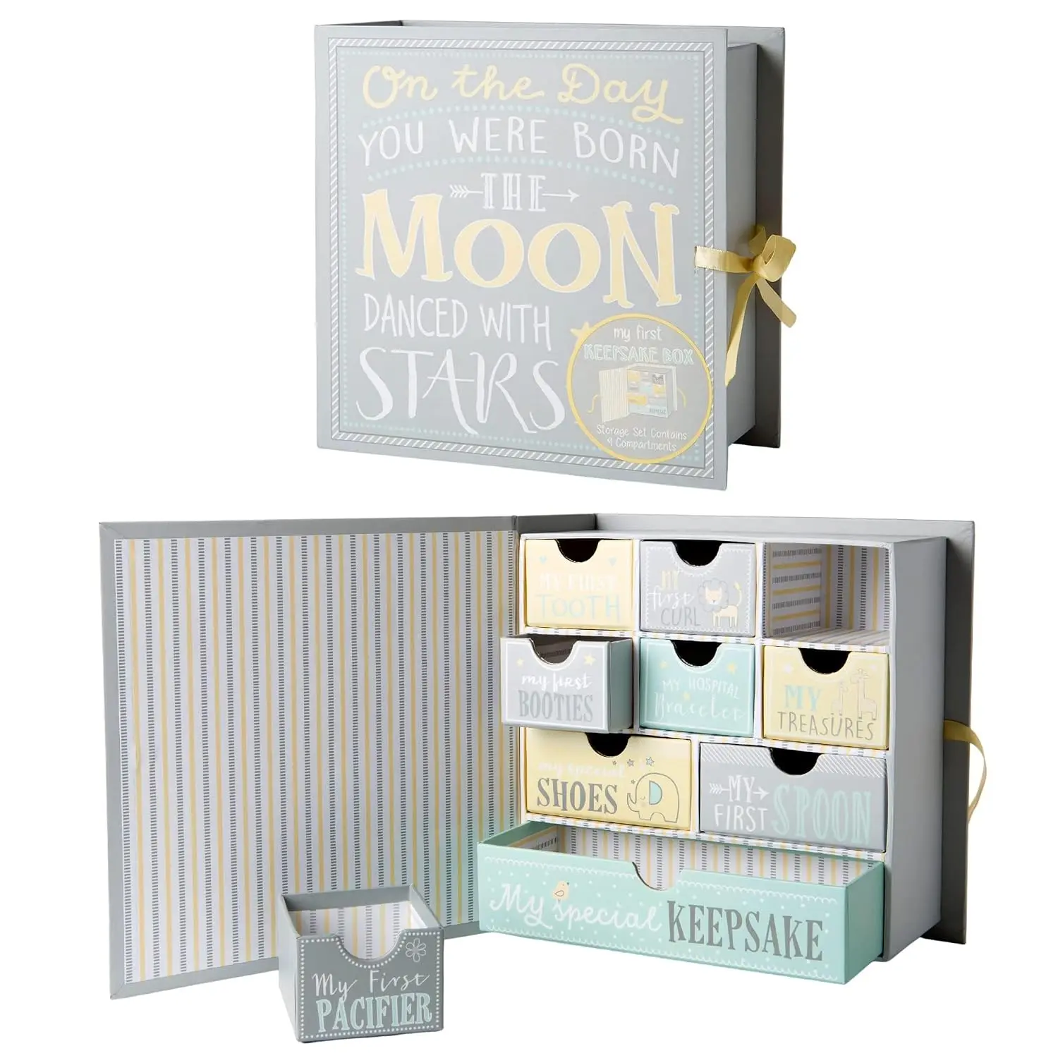 Keepsake Box for Treasured Memories, Moon & Stars - Lightweight, Handcrafted Baby Boxes with 9 Labeled Compartments for First Memories - Gender Neutral Baby Shower Gifts for Girls, Boys