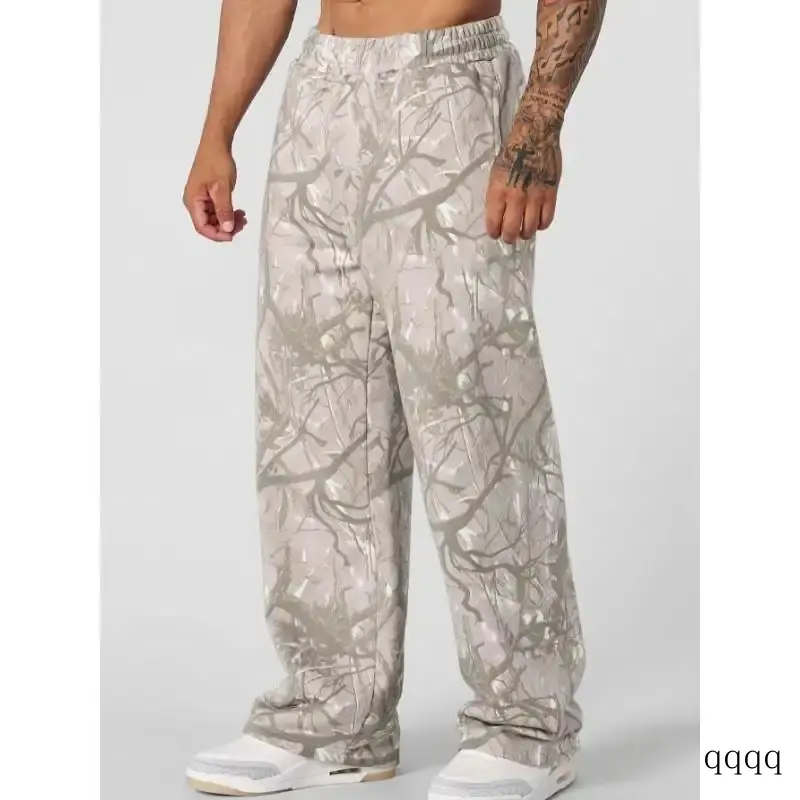 Men's Camo Print Joggers Loose Fit Full Length Straight Cut Polyester Pants with Pockets Outdoor Running Streetwear Male Clothing Standard Sizes