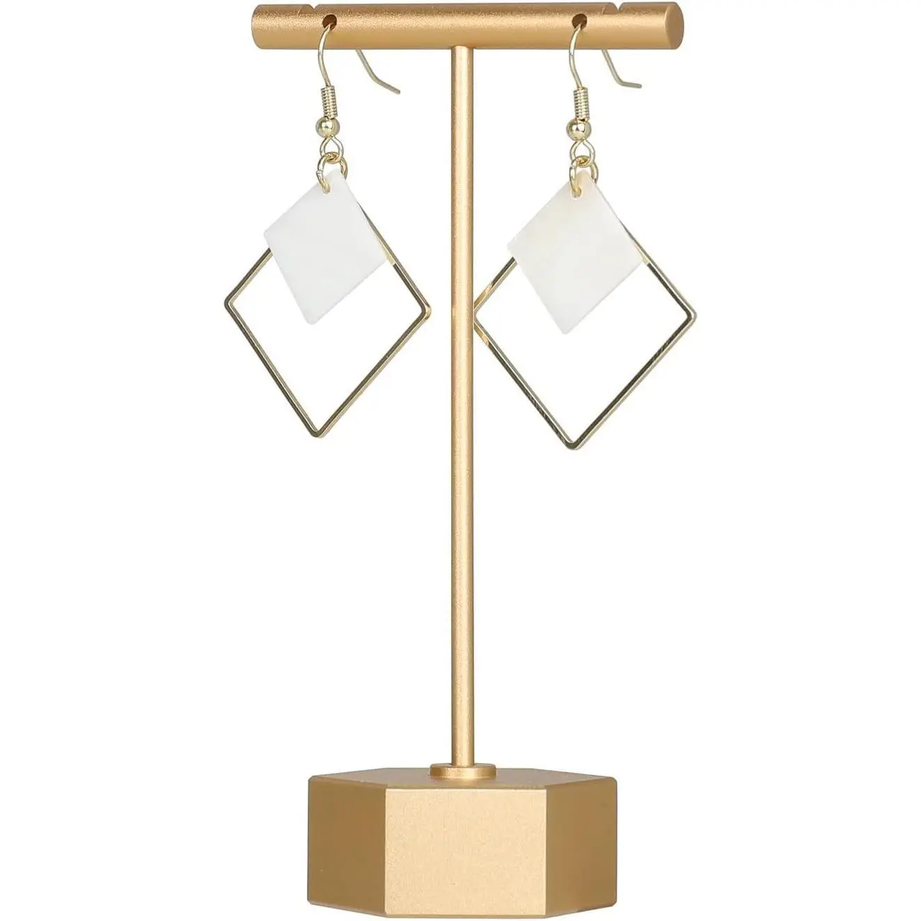 Gold Metal Earring T Bar Stand, Single small earring hanger display, Retail earring holder for show, Jewelry earring organizer for Online store Photography【Gold-Hexagon Base Height 4.5"】